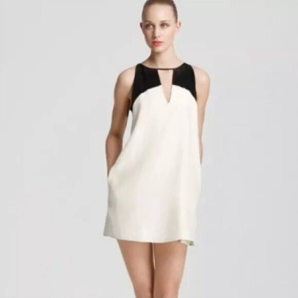 Parker Black & Ivory White Crosby 100% Silk Keyhole Colorblock Mini Halter Dress - Picture 1 of 12